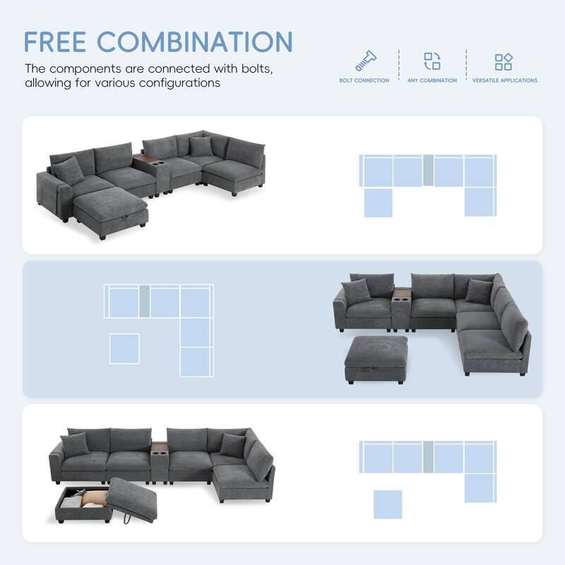 140" Corduroy U-Shaped Modular Sectional Sofa with Storage & USB