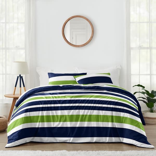 slide 2 of 6, Navy and Lime Green on White Stripe Full/Queen 3-piece Comforter Set
