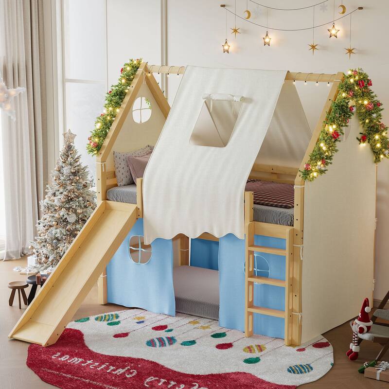 Roomfitters House Loft Bed with Slide and Tent, Solid Wood Frame with Lights - Light Blue+Natural - Full