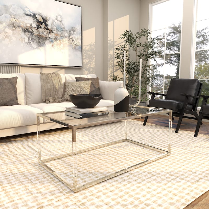 Metal Open Framed Coffee Table with Clear Glass Top and Acrylic Legs - Gold or Clear - Roche River Decor
