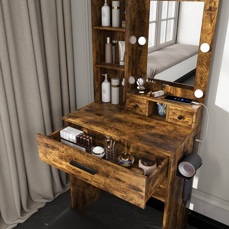 Vanity Desk with Mirror & LED Lights, Makeup Table with Power Outlet, Hairdryer Holder & Stool, Compact Dressing Table Set