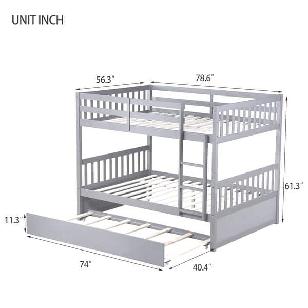 dimension image slide 0 of 3, Full Over Full Rubber Wood Bunk Bed with Trundle(Twin),Convertible to 2 Full Size Beds
