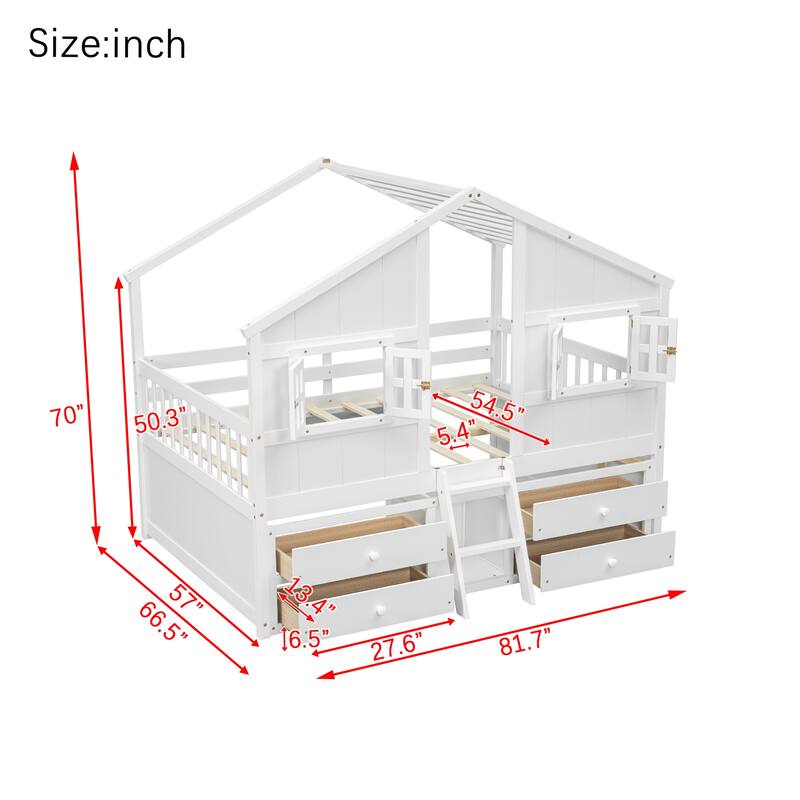 Wood Full Size House Loft Bed with Roof, Windows,4 Storage Drawers