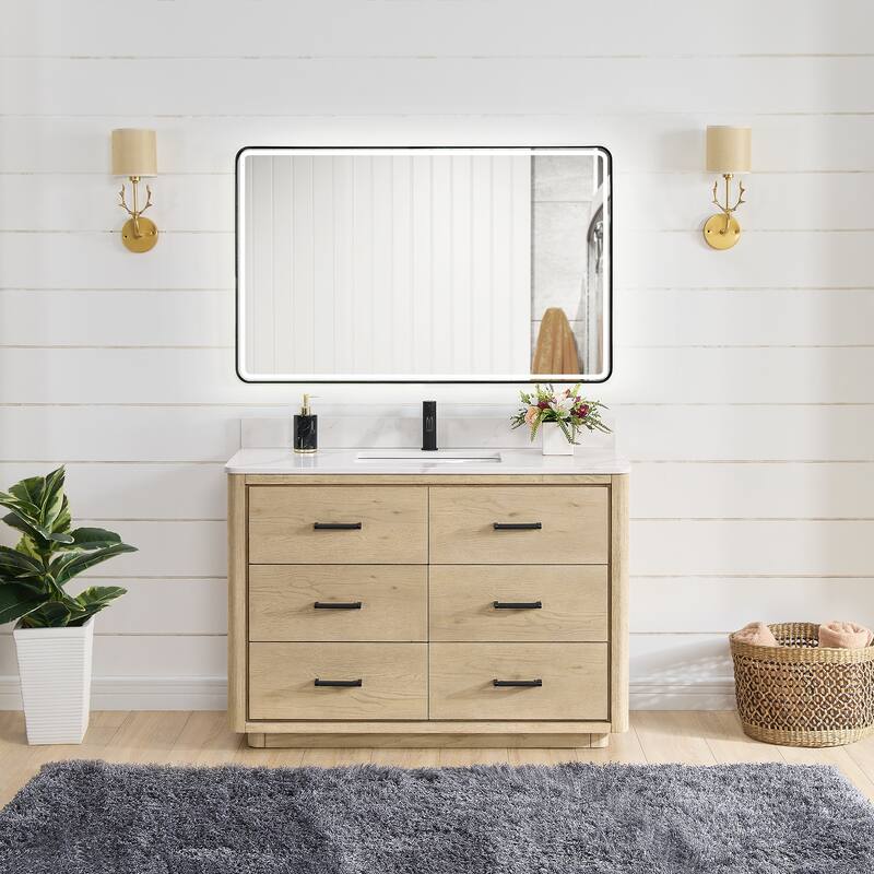 Porto Bath Vanity with White Quartz Stone Top and Mirror - 48in. - Aged Natural Oak