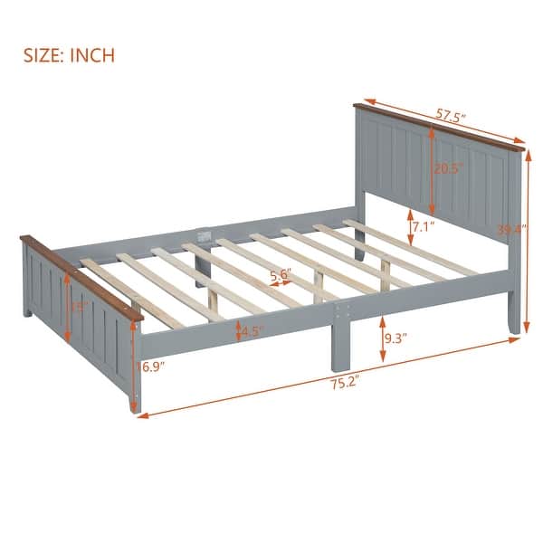Full Size Wood Platform Bed Wooden Slat Support, Vintage Simple Bed Frame with Rectangular Headboard and Footboard, Grey