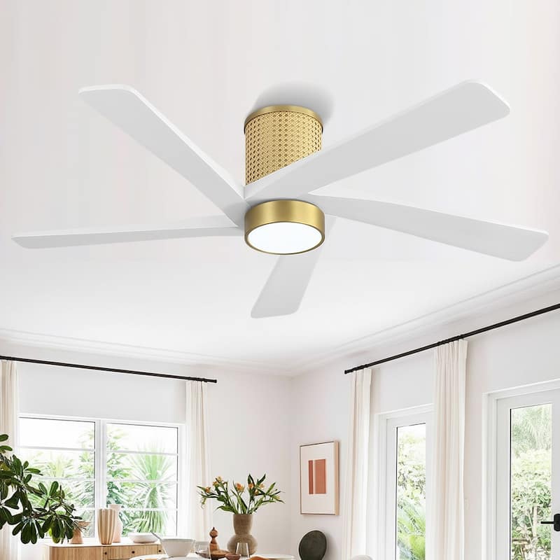 MLiAN 5 Solid Wood Blades DC Motor Indoor Downrod Flush Mount Ceiling Fan Remote Integrated LED - NAB Gold/White - 54''