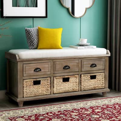 Charming Rustic Linen Upholstered Storage Bench with 3 Drawers & Rattan Baskets for Extra Storage