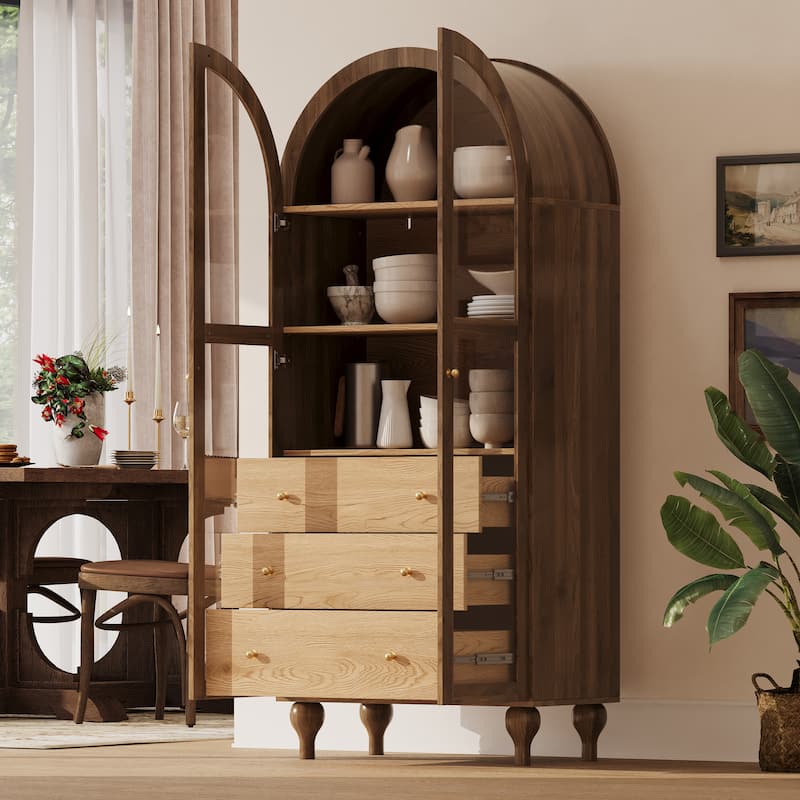 Christopher Knight Home - Farmhouse Arched Wood Kitchen Pantry Cabinet with Glass Doors & Hidden Drawers
