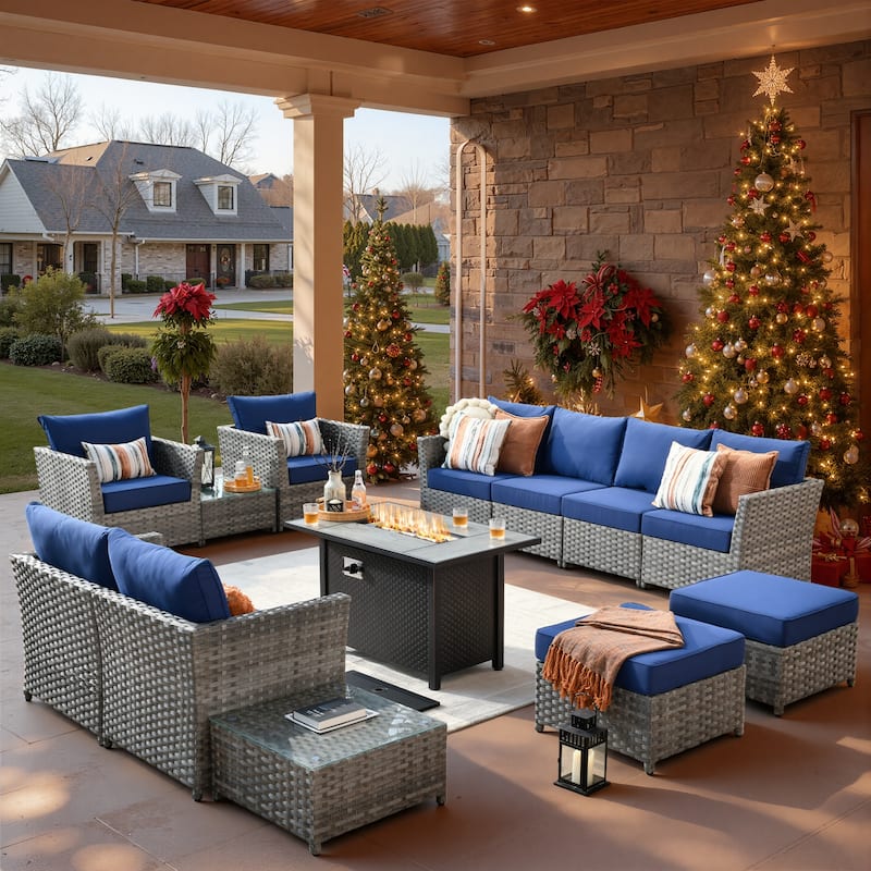 XIZZI 13-piece Outdoor Patio Wicker Furniture Set with Fire Table - Navy Blue