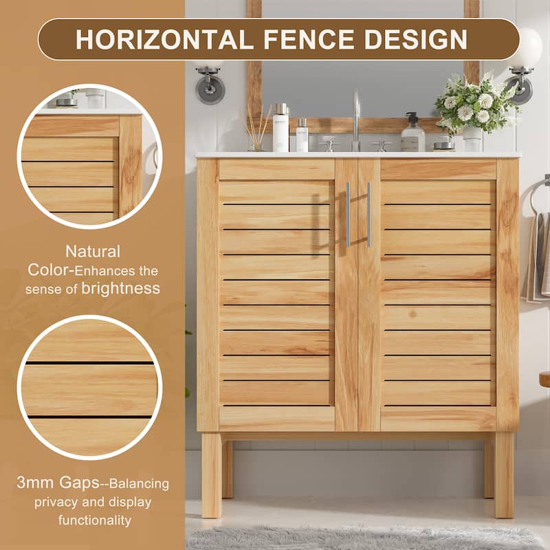 Roomfitters 30" Antique Bathroom Vanity with Ceramic Sink, Mid-Century Cabinet with Soft-Close Doors, Antique Natural