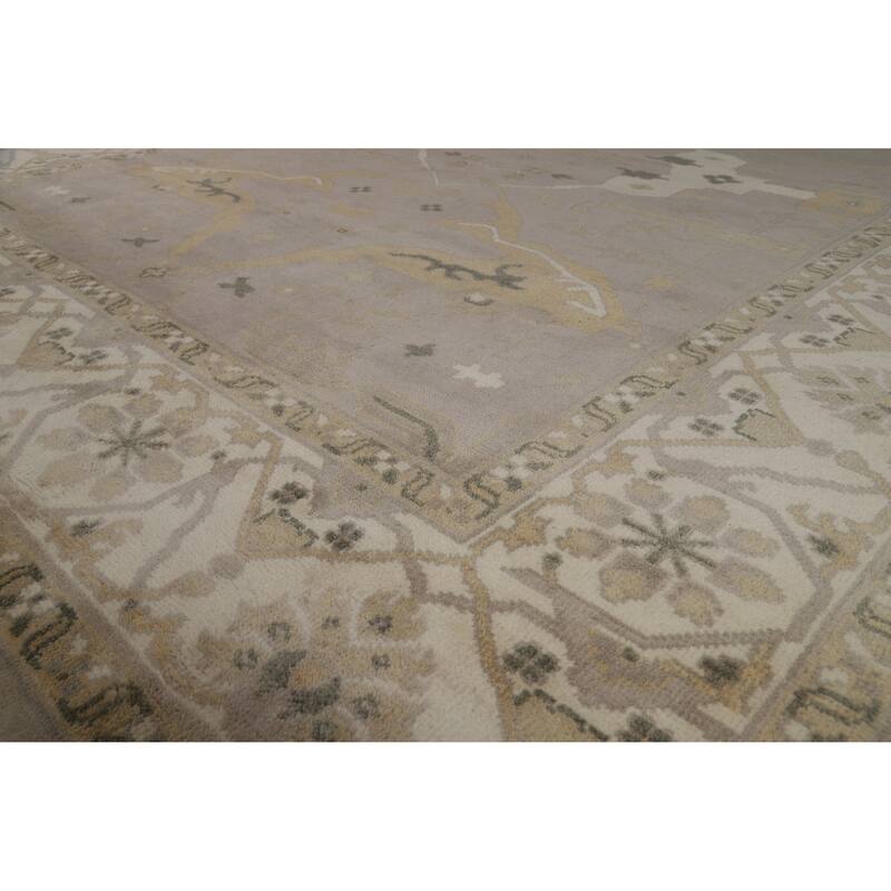 Earth Tone Oushak Indian Area Rug Handmade Beige Wool Carpet - 8'11" x 11'10"