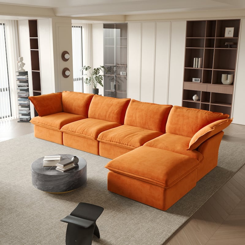 Modular Sectional Sofa Couch, 162.98" Velvet L-Shape Sofa with Ottoman - Orange
