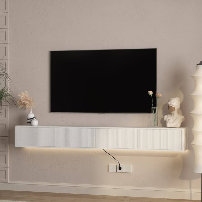 Wall Mounted Entertainment Shelf for Living Room, High Gloss Floating TV Stand with LED Lights & Power Outlet