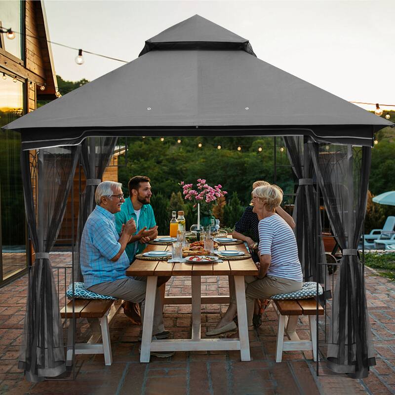 AVAWING 10x10 Outdoor Gazebo Double Soft-Top Canopy Tent - Grey