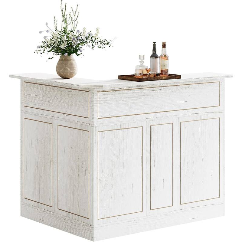 L Shaped Home Bar Cabinet Table with Stemware Racks, 4-Tier Corner Bar Unit Liquor Wine Bar Table