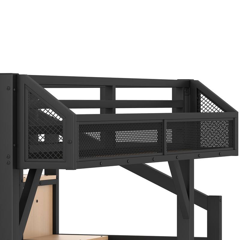 Twin XL Loft Bed with Storage Stairs, Shelves and Built-in Wardrobe, Metal Loft Bed Frame with USB Ports and LED Lights