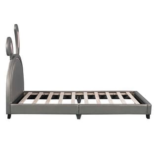Twin Upholstered Leather Platform Bed with Rabbit Ornament