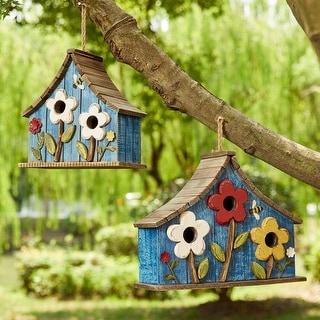 Glitzhome 10.5"H Distressed Solid Wood Birdhouse with 3D Flowers - 10.5"