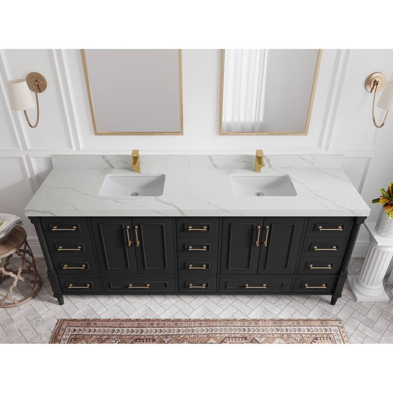 Willow Collections 84 in. W x 22 in. D Aberdeen Double Bowl Sink Bathroom Vanity with Countertop - 2" Calacatta Laza - Black