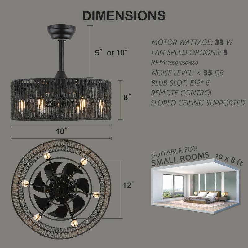 CurveCurio 20" Matte Black Reversible Ceiling Fan Light with Natural Wool Shade and Remote Control for Bohemian & Rustic Homes