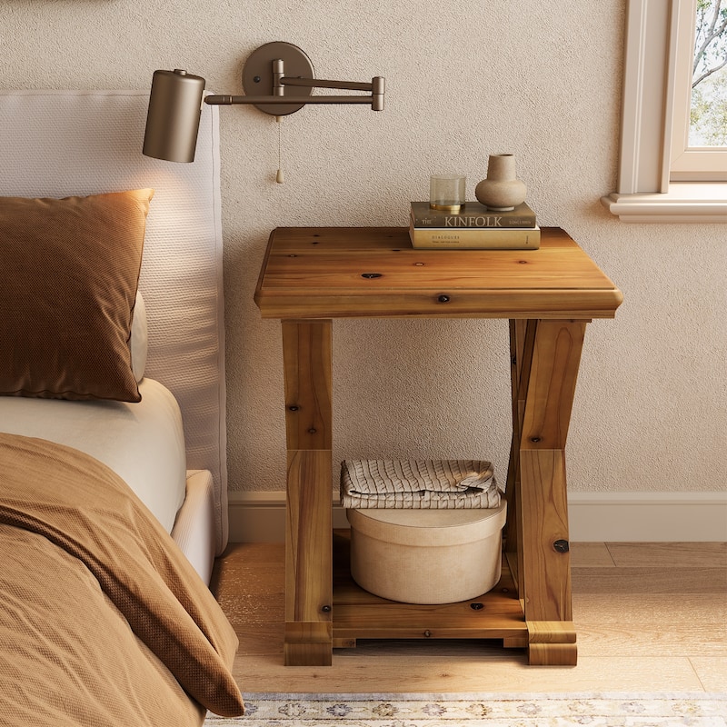 Solid Wood End Table, 2-Tier Side Table with Geometric X-Shape Design