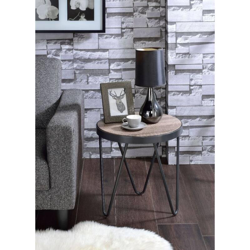 18" Round End Table with Black Iron Base and Brown Wood Top Rustic Accent for Living Room - 16.73”L x 16.73”W x 18.11”H