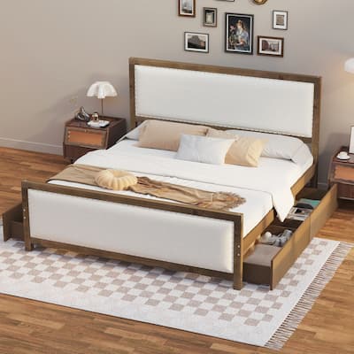 Queen Size Fabric Upholstered Platform Bed with Wood Frame and 4 Drawers