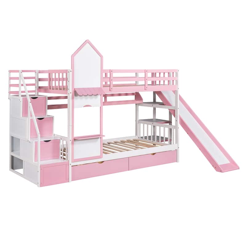 Castle Style Bunk Bed with 2 Drawers 3 Shelves and Slide