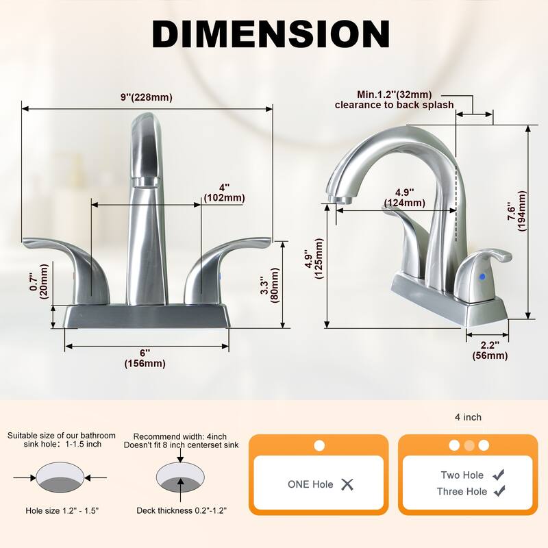WOWOW 4 in. Centerset Double-Handle Bathroom Faucet with Pop Up Drain