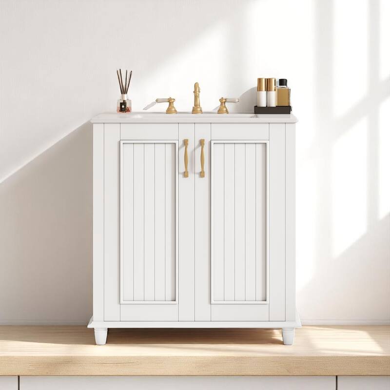 Modern 30 Inch Bathroom Vanity with Sink, Soft Close Door, Hidden Drawer, Solid Wood and MDF Storage Cabinet - White