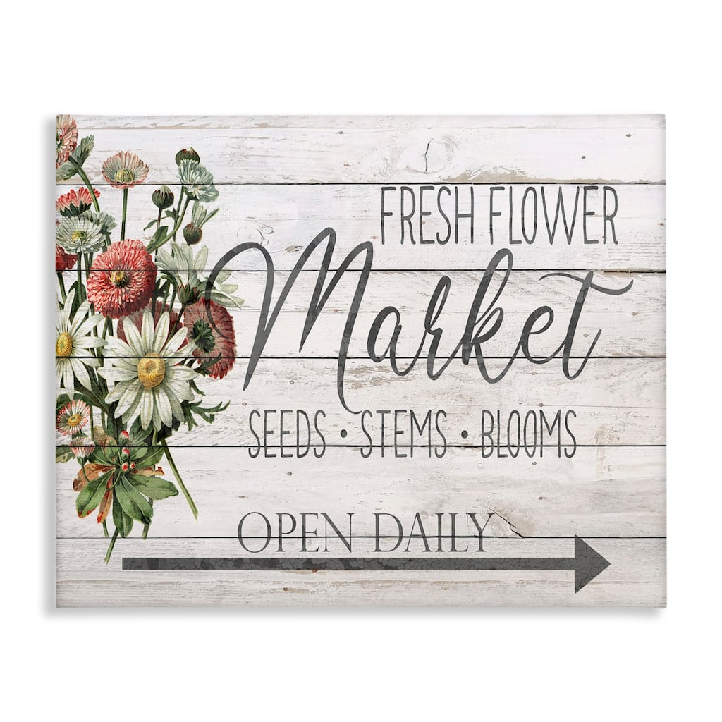 Stupell Farmhouse Planked Look Fresh Flower Market Open Daily Canvas Wall Art, 16 x 20, Proudly Made in USA - Multi-Color