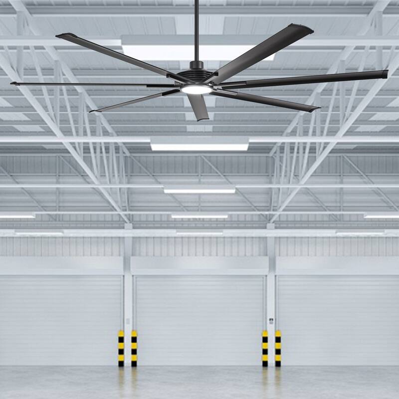 84" Matte Black Dimmable Large Industrial Ceiling Fan with LED Light and Remote - 84 in. D x 84 in. W x 15.3 in. H