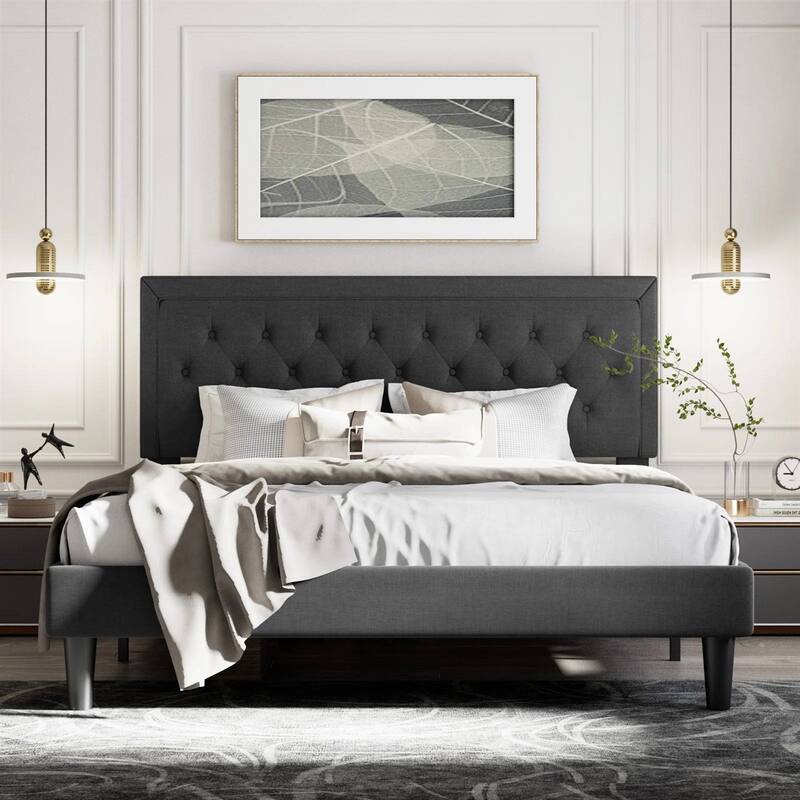 Modern Linen Upholstered Platform Bed with Tufted Button Headboard and Wood Slat Support - Black - King