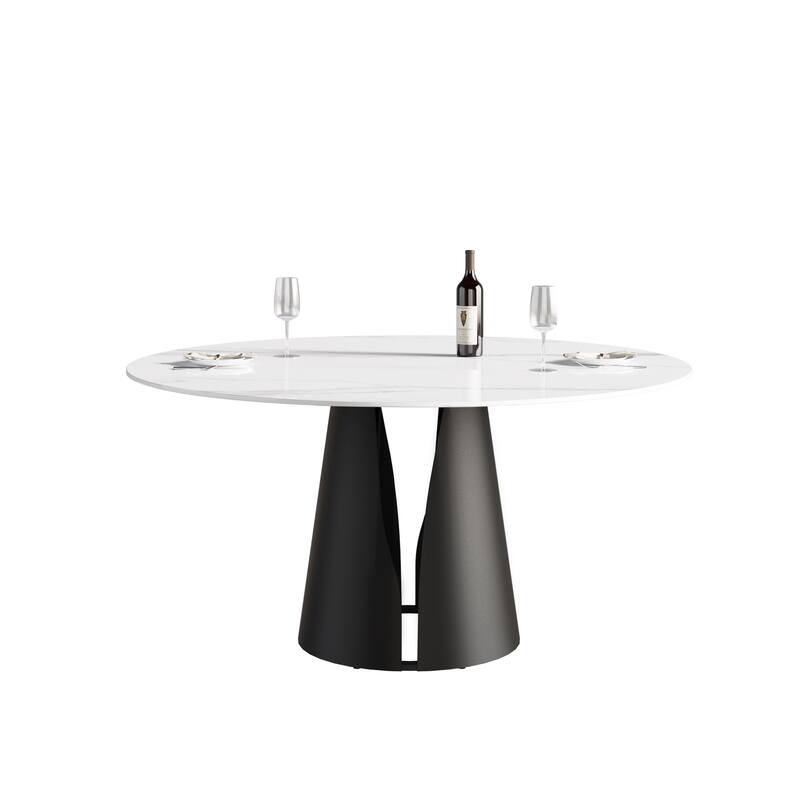 59" Round Slate Dining Table, White Marble Top with Black Metal Pedestal