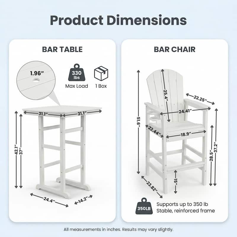 3-Piece HDPE Bar-Height Patio Set, 42.1" Square High Top Pub Table with Umbrella Hole + 2 Bar Stools with Cup Holders