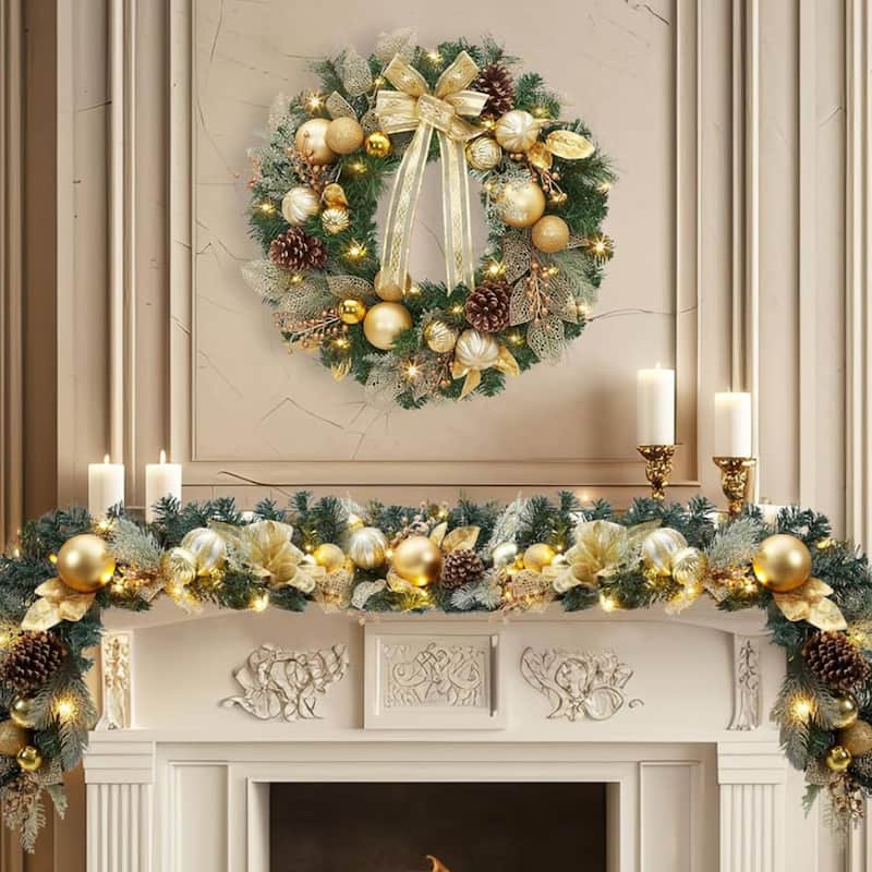 24 Inch Christmas Wreath with Christmas Balls, Pine Cones - N/A - Gold