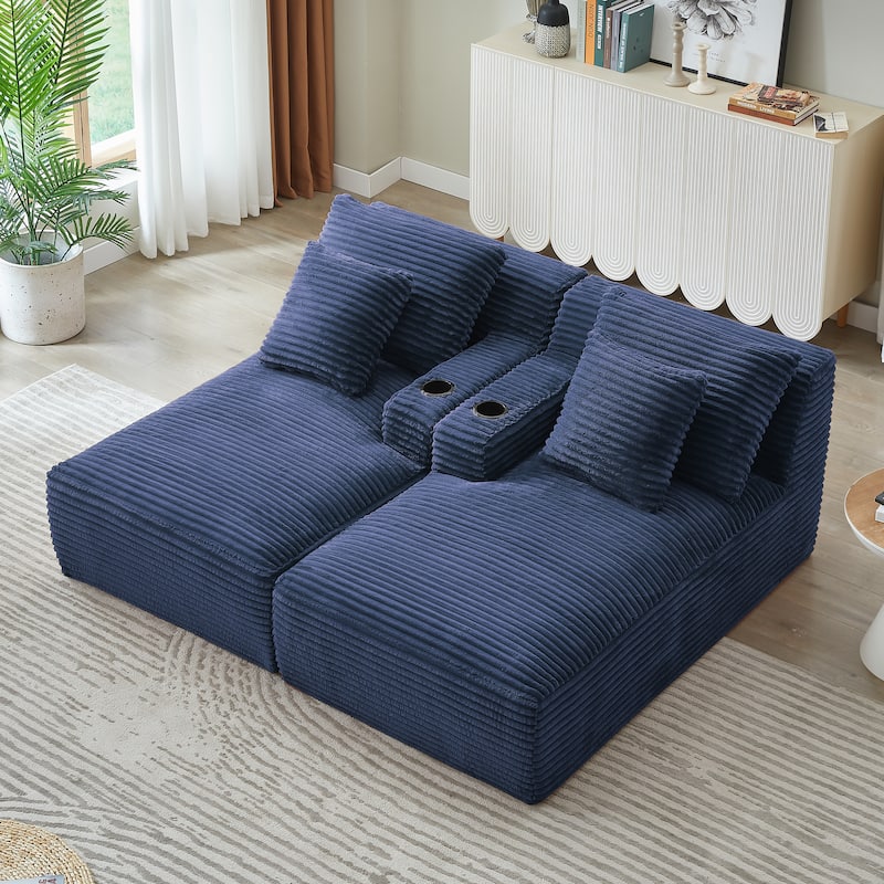 Compressible Double Chaise Lounge With Cupholders - No Assembly Required, Fluffy Modern Sleeper Loveseat