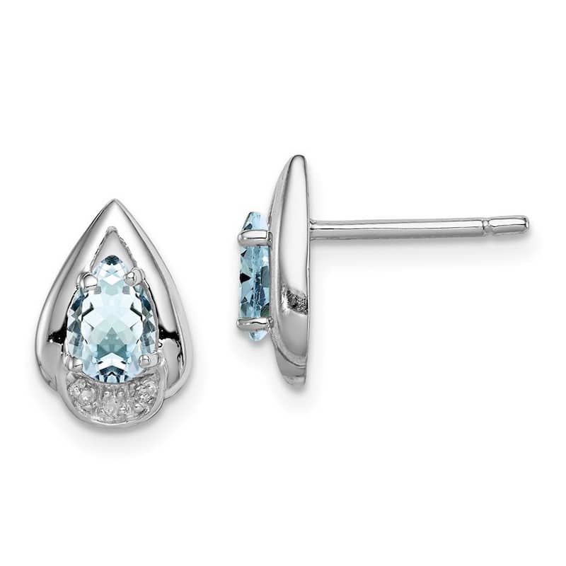 Curata 925 Sterling Silver 10x7mm Diamond and Aquamarine Post Earrings