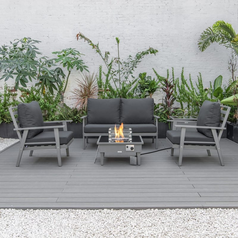 Walbrooke Modern 4-Piece Outdoor Aluminum Frame Patio Furniture Set with Propane Fire Pit Table