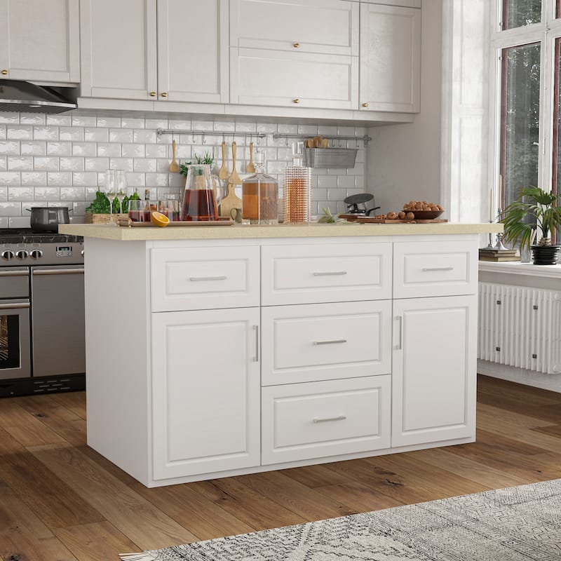 Kitchen Island with Drawers Cabinets High Gloss Stone-Like Countertop ...