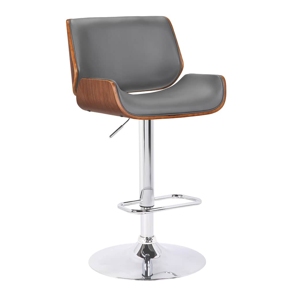 Swivel Bar Stool with Grey Faux Leather Seat, Chrome Base, Walnut Accents, Adjustable Height Modern Barstool