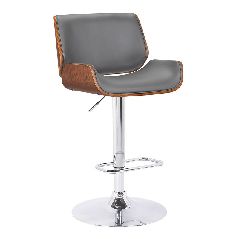 Swivel Bar Stool with Grey Faux Leather Seat, Chrome Base, Walnut Accents, Adjustable Height Modern Barstool