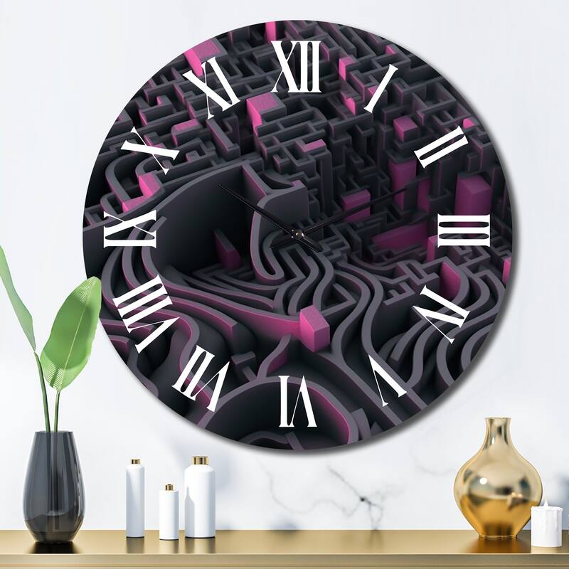 Designart "Futuristic Labyrinth Purple Maze Matrix II" Modern Geometric Oversized Wall Clock