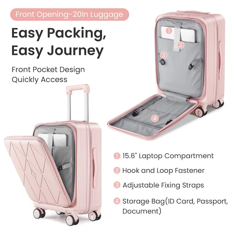 20/24/28 3-Piece Modern Expandable Luggage Sets, Hard-shell Luggage with Front Pocket and TSA Lock, for Boarding Travel, Pink