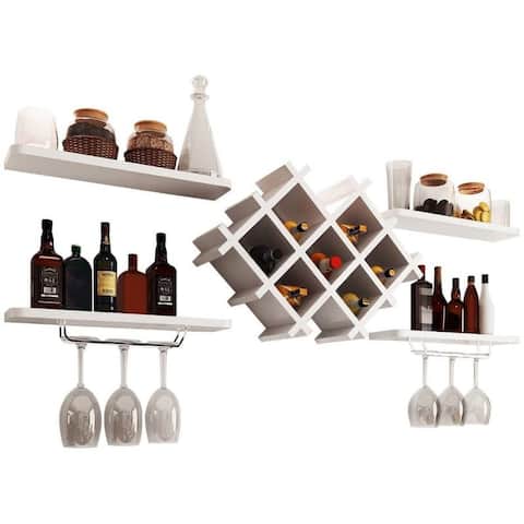 White 5 Piece Wall Mounted Wine Rack Set with Storage Shelves - 20.3" x 8" x 14.2"(L x W x H)