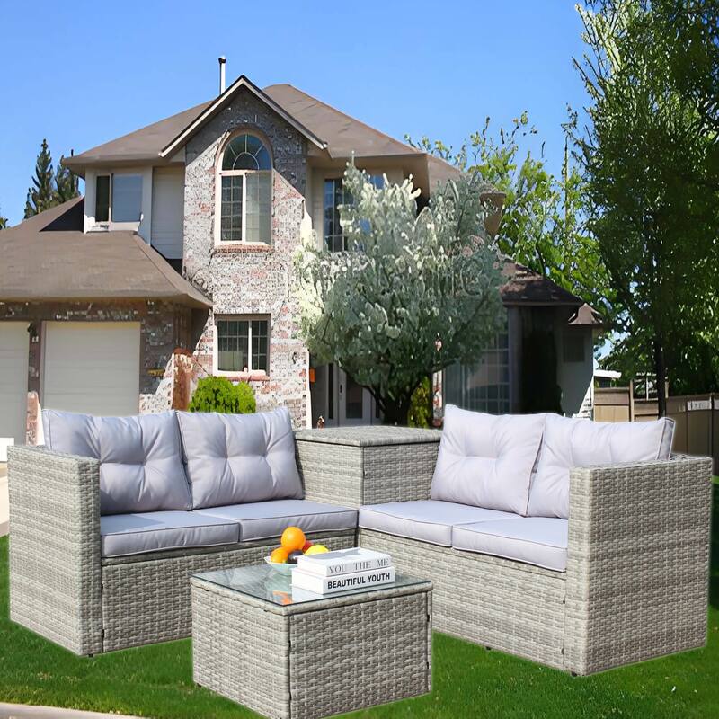 4 Pcs Patio Furniture Set, All Weather Outdoor Conversation Set, Wicker Rattan Sectional Sofa Set with Storage Box and Table