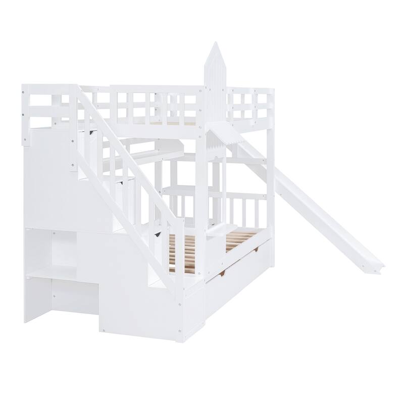 Twin-Over-Twin Castle Style Bunk Bed with Drawers, Shelves, and Slide in White