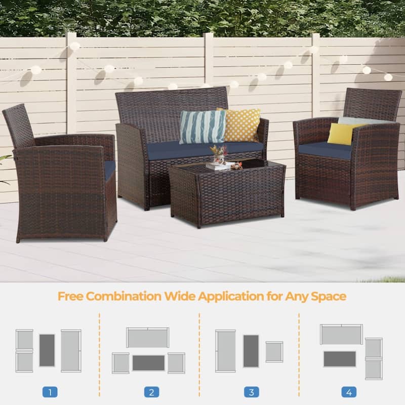4-Piece Wicker Outdoor Sofa Set, 1 Loveseats, 2 Single Sofas, 1 Table