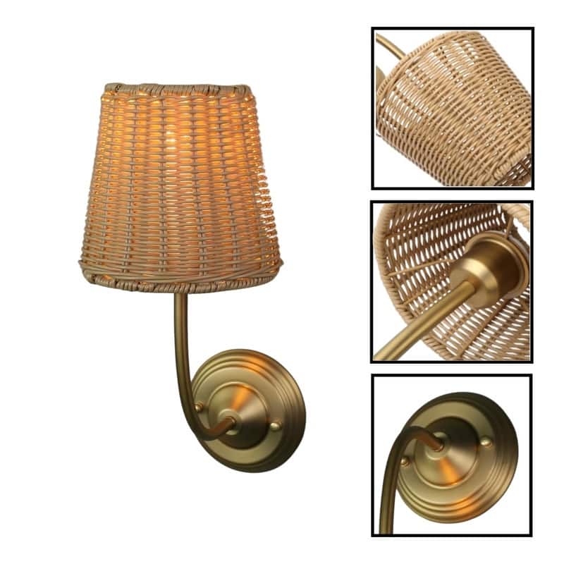 Modern retro light bulb gold wall sconce rattan bathroom light