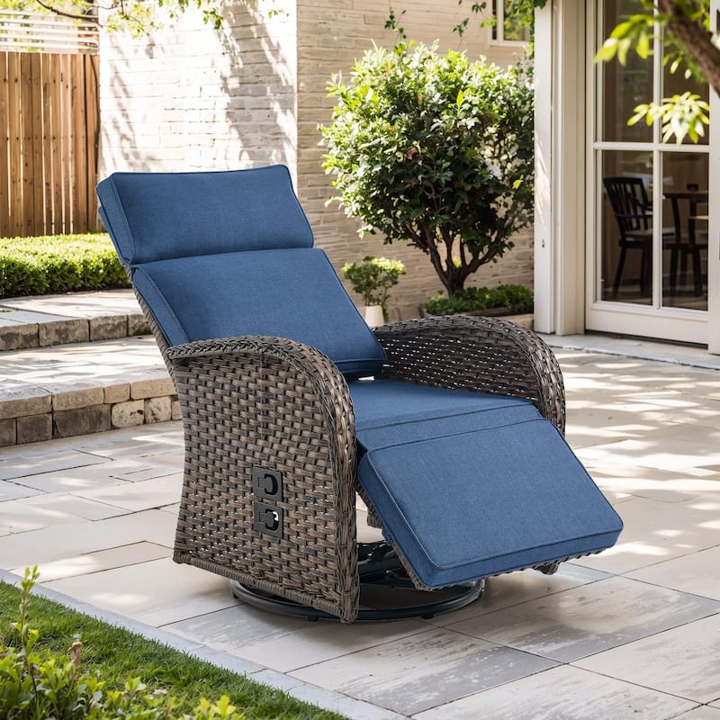 Meyreso 2-Piece Wicker Swivel Reclining Chaise Lounge with Adjustable Backrest & Footrest - Blue-Single Chaise